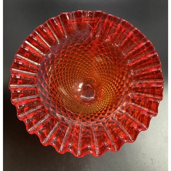 Fenton? Amberina Red / Orange Art Glass Ruffle-Edge Pedestal Bowl - Ornate Dish - Picture 2 of 12